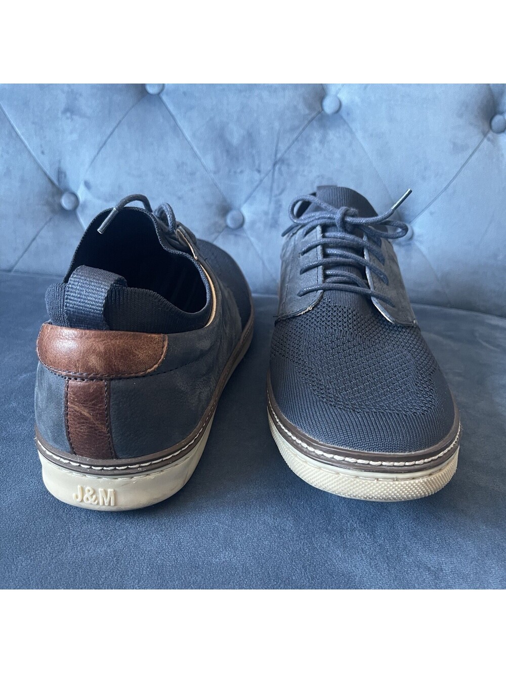 Johnston & Murphy Sz 12 Navy Blue Shoes Knit Leather Lace Up Rubber 590867 J & M